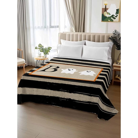 King Size Flat Sheet Only,Halloween Boo Ghost Cartoon Style Soft Top Bed Sheets Breathable Bedding Sheet Black Stripes Vintage Linen Microfiber Hotel Luxury Top Sheets