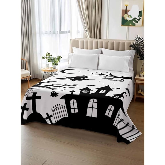 King Size Flat Sheet Only,Halloween Haunted Castle Witch Ghost Soft Top Bed Sheets Breathable Bedding Sheet White Black Theme Microfiber Hotel Luxury Top Sheets