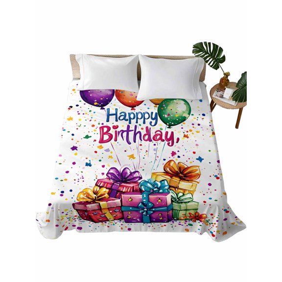 Queen Size Flat Sheet Only, Happy Birthday Soft Brushed Microfiber Bed Sheets, Colorful Balloon Gifts Patterns Hotel Quality Breathable Bedding Top Sheet, Easy Care, 90"x102"