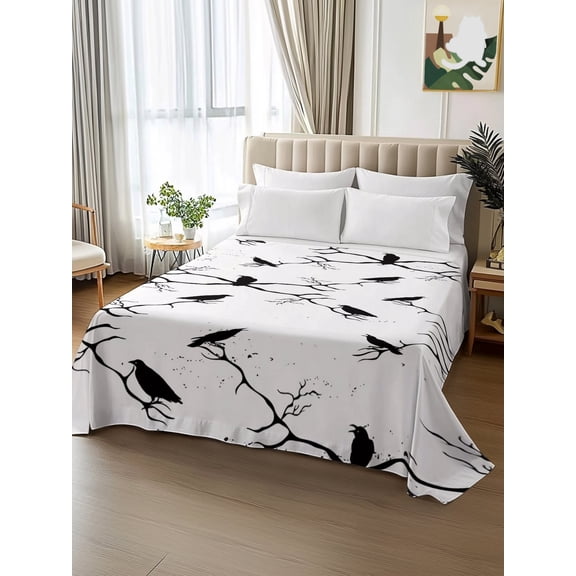 King Size Flat Sheet Only,Happy Halloween Black Crow Seamless Soft Top Bed Sheets Breathable Bedding Sheet Horror Dead Branch White Back Microfiber Hotel Luxury Top Sheets