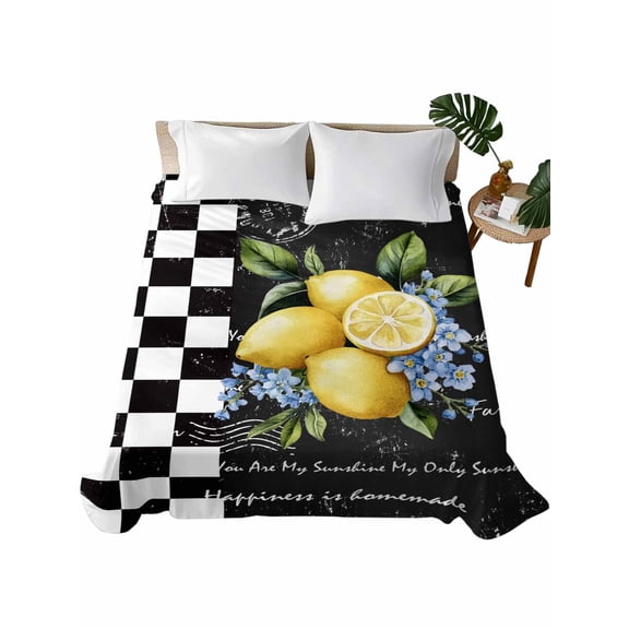 Queen Size Flat Sheet Only, Lemon Soft Brushed Microfiber Bed Sheets, Spring Summer Black White Checkered Plaid Hotel Quality Breathable Bedding Top Sheet, Easy Care, 90"x102"