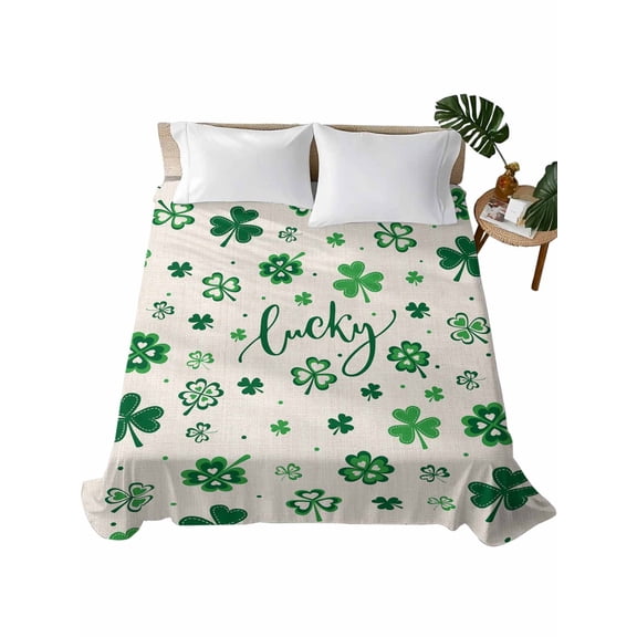 King Size Flat Sheet Only, Lucky Day, Soft Brushed Microfiber Bed Sheets, St. Patrick's Shamrock Rustic Clover Green Hotel Quality Breathable Bedding Top Sheet, Easy Care, 90"x102"