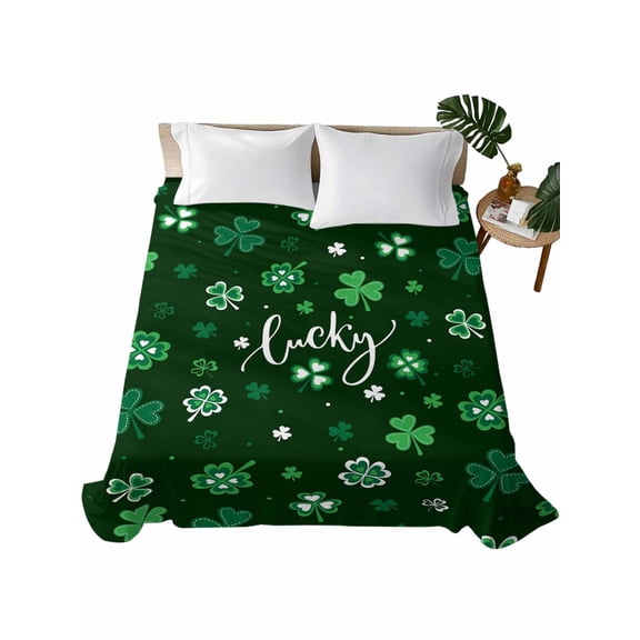 Queen Size Flat Sheet Only, Lucky Ireland, Soft Brushed Microfiber Bed Sheets, St. Patrick's Day Spring Shamrock Green Hotel Quality Breathable Bedding Top Sheet, Easy Care, 90"x102"