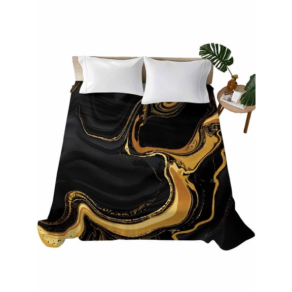 Queen Size Flat Sheet Only, Marble Black Soft Brushed Microfiber Bed Sheets, Vintage Gold Art Abstract Farmhouse Hotel Quality Breathable Bedding Top Sheet, Easy Care, 90"x102"