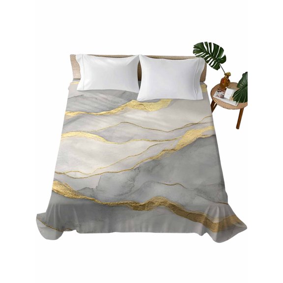 King Size Flat Sheet Only, Marble Grey Soft Brushed Microfiber Bed Sheets, Modern Gold Luxury Neutral Texture Hotel Quality Breathable Bedding Top Sheet, Easy Care, 90"x102"