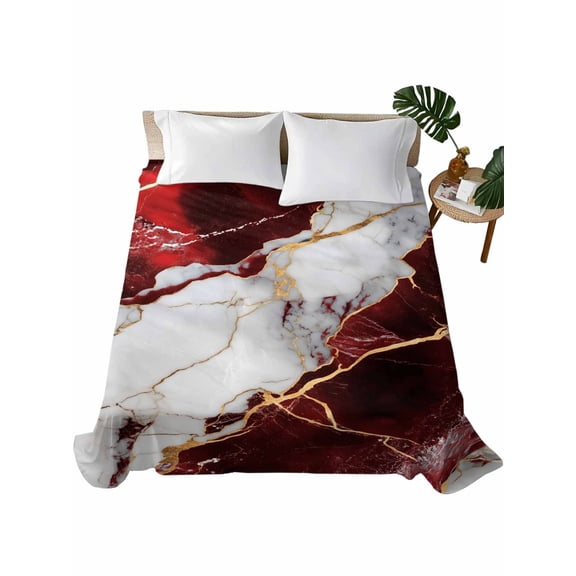 Queen Size Flat Sheet Only, Marble Red Soft Brushed Microfiber Bed Sheets, Modern Abstract Gold White Brick Stone Motif Hotel Quality Breathable Bedding Top Sheet, Easy Care, 90"x102"