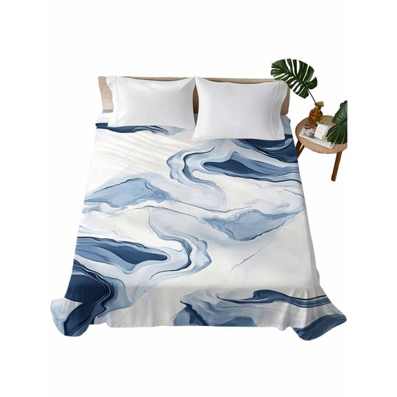 Queen Size Flat Sheet Only, Marble Soft Brushed Microfiber Bed Sheets, Blue Abstract Neutral Textured Modern Watercolor Hotel Quality Breathable Bedding Top Sheet, Easy Care, 90"x102"