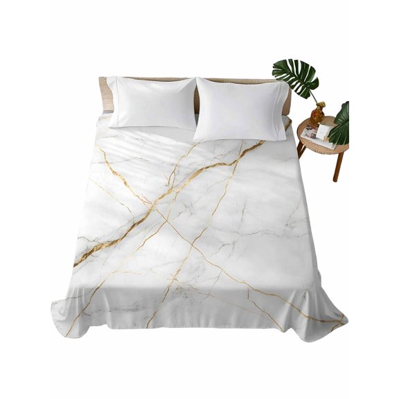 Queen Size Flat Sheet Only, Marble Soft Brushed Microfiber Bed Sheets, Grey Golden Crack Minimalistic Abstract Hotel Quality Breathable Bedding Top Sheet, Easy Care, 90"x102"