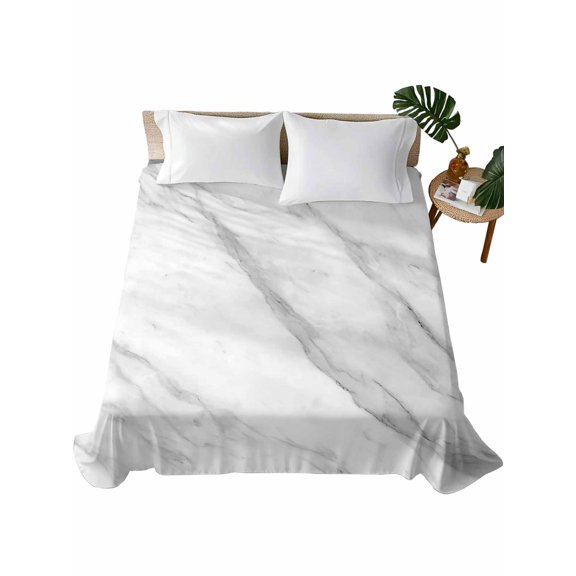 Queen Size Flat Sheet Only, Marble Soft Brushed Microfiber Bed Sheets, Modern Grey White Rock Monochrome Simple Hotel Quality Breathable Bedding Top Sheet, Easy Care, 90"x102"