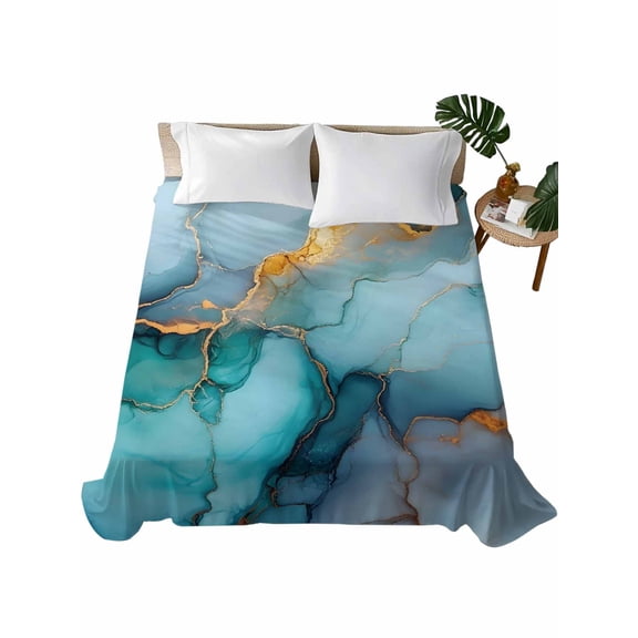 Queen Size Flat Sheet Only, Marble Teal Soft Brushed Microfiber Bed Sheets, Modern Ink Painting Abstract Golden Art Hotel Quality Breathable Bedding Top Sheet, Easy Care, 90"x102"