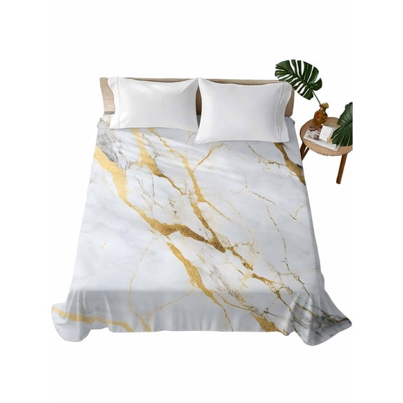 Queen Size Flat Sheet Only, Marble White Gold Soft Brushed Microfiber Bed Sheets, Modern Marbles Geometric Hotel Quality Breathable Bedding Top Sheet, Easy Care, 90"x102"