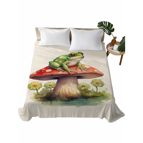 Queen Size Flat Sheet Only, Mushroom Frogs Soft Brushed Microfiber Bed Sheets, Spring Floral Green Botanical Rustic Hotel Quality Breathable Bedding Top Sheet, Easy Care, 90"x102"