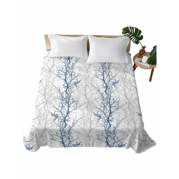 Queen Size Flat Sheet Only, Navy Blue Grey Branch Soft Brushed Microfiber Bed Sheets, Spring Summer Pastoral Botanical Hotel Quality Breathable Bedding Top Sheet, Easy Care, 90"x102"