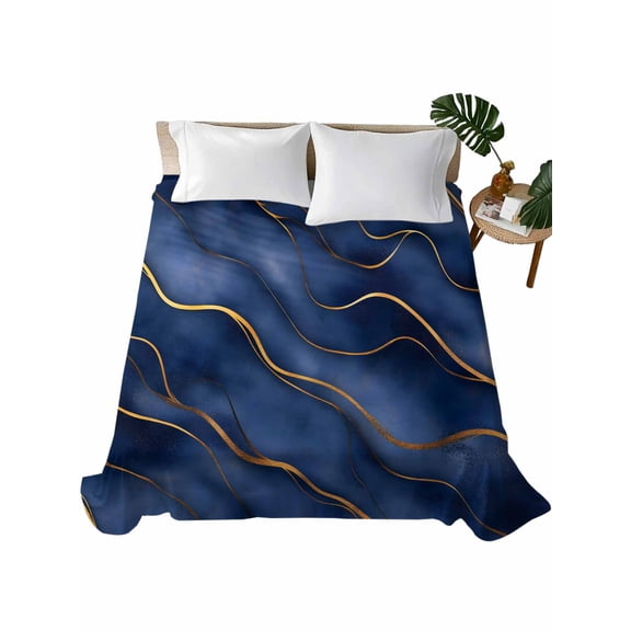 Queen Size Flat Sheet Only, Navy Blue Marble Soft Brushed Microfiber Bed Sheets, Modern Golden Geometric Art Hotel Quality Breathable Bedding Top Sheet, Easy Care, 90"x102"