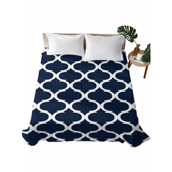 Queen Size Flat Sheet Only, Navy Blue Morocco Pattern Soft Brushed Microfiber Bed Sheets, White Moroccan Geometric Art Hotel Quality Breathable Bedding Top Sheet, Easy Care, 90"x102"
