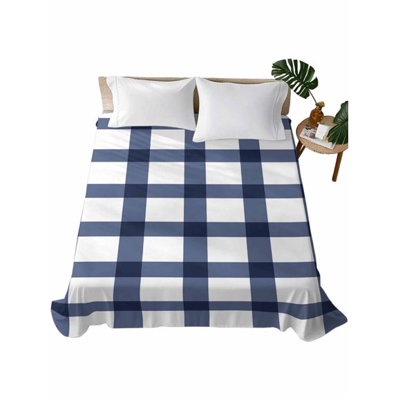 King Size Flat Sheet Only, Navy Blue Plaid Check, Soft Brushed Microfiber Bed Sheets, Geometrical Abstract Lattice Hotel Quality Breathable Bedding Top Sheet, Easy Care, 90"x102"