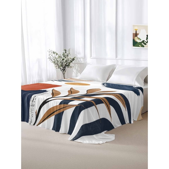 King Size Flat Sheet Only,Nordic Abstract Leaves Arch Sun Soft Top Bed Sheets Breathable Bedding Sheet Terracotta Aesthetic Color Block Microfiber Hotel Luxury Top Sheets