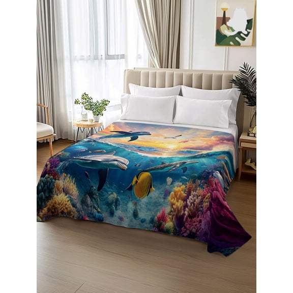 King Size Flat Sheet Only,Ocean Dolphin Blue Ocean Coral Soft Top Bed Sheets Breathable Bedding Sheet Watercolor Underwater World Microfiber Hotel Luxury Top Sheets