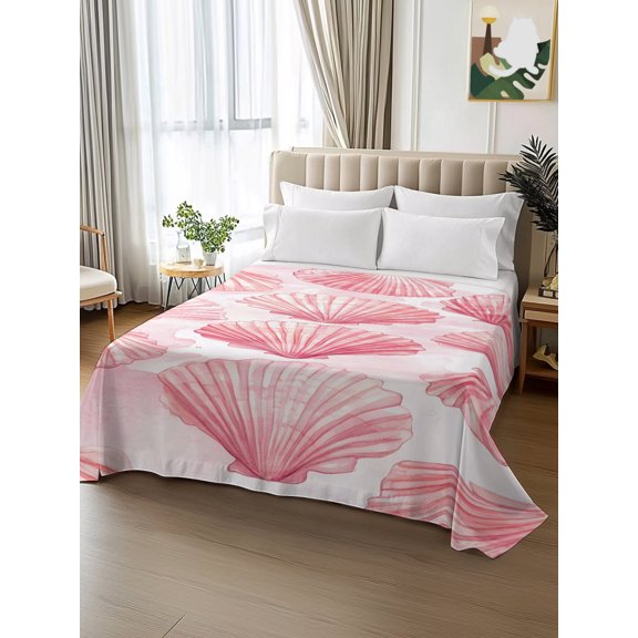 King Size Flat Sheet Only,Ocean Pink Shells Soft Top Bed Sheets Breathable Bedding Sheet Summer Watercolor Marine Life Microfiber Hotel Luxury Top Sheets
