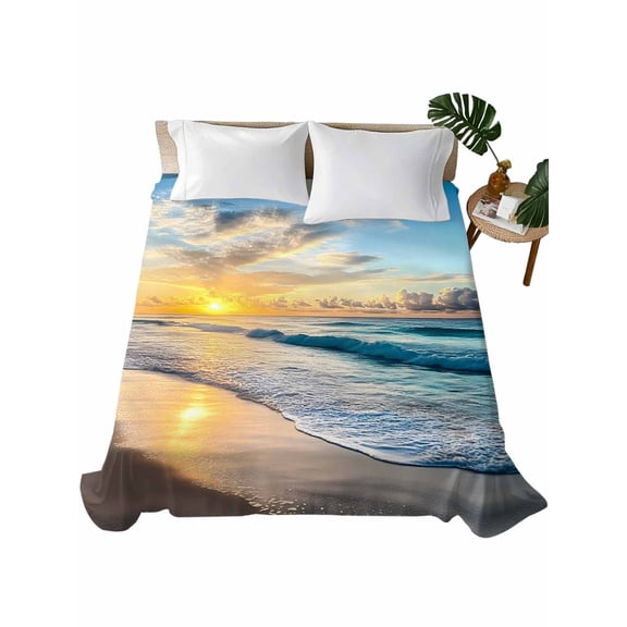 Queen Size Flat Sheet Only, Ocean Sunset Soft Brushed Microfiber Bed Sheets, Beach Blue Sky Coastal Seashore Summer Hotel Quality Breathable Bedding Top Sheet, Easy Care, 90"x102"