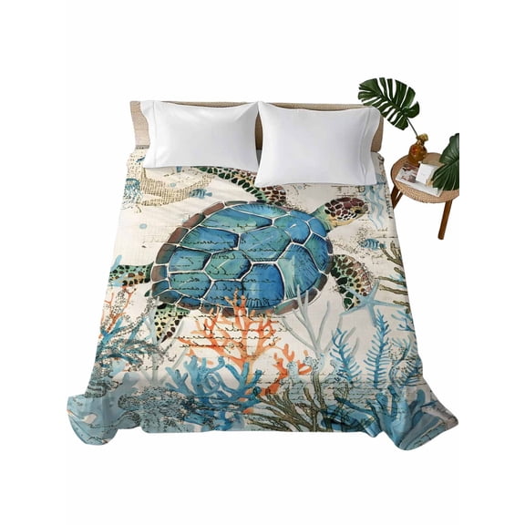 Queen Size Flat Sheet Only, Ocean Turtle Soft Brushed Microfiber Bed Sheets, Coastal Nautical Coral Starfish Blue Hotel Quality Breathable Bedding Top Sheet, Easy Care, 90"x102"