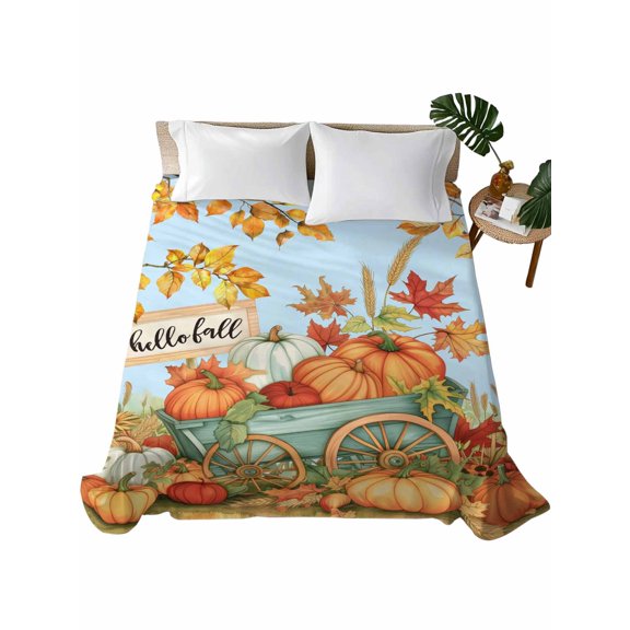 Queen Size Flat Sheet Only, Orange Fall Pumpkins Soft Brushed Microfiber Bed Sheets, Thanksgiving Botanical Blue Hotel Quality Breathable Bedding Top Sheet, Easy Care, 90"x102"