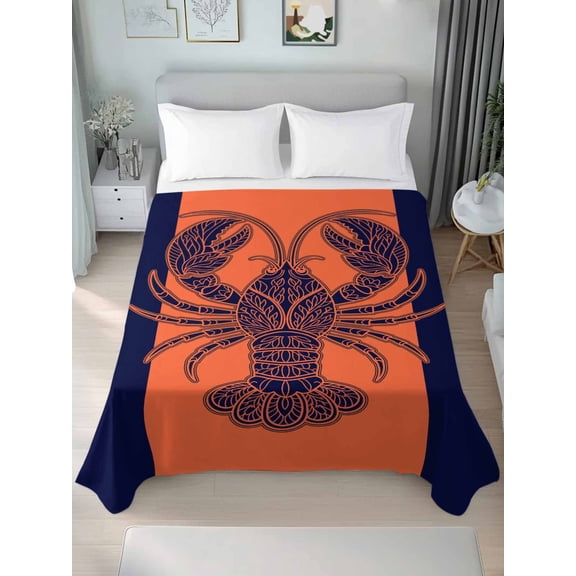 Queen Size Flat Sheet Only, Orange Navy Blue Lobster Soft Brushed Microfiber Bed Sheets, Summer Beach Coastal Modern Art Hotel Quality Breathable Bedding Top Sheet, Easy Care, 90"x102"