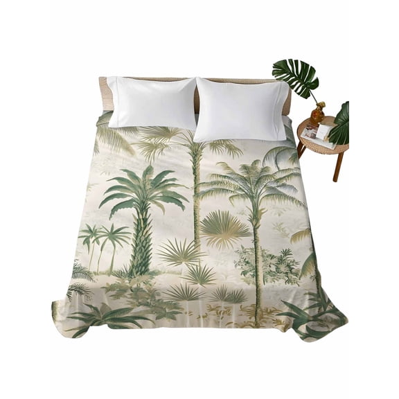 King Size Flat Sheet Only, Palm Tree Soft Brushed Microfiber Bed Sheets, Sage Green Tropical Nature Plant Watercolor Hotel Quality Breathable Bedding Top Sheet, Easy Care, 90"x102"