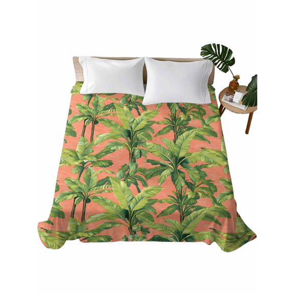 Queen Size Flat Sheet Only, Palm Tree Tropical Soft Brushed Microfiber Bed Sheets, Pink Summer Green Botanical Hotel Quality Breathable Bedding Top Sheet, Easy Care, 90"x102"