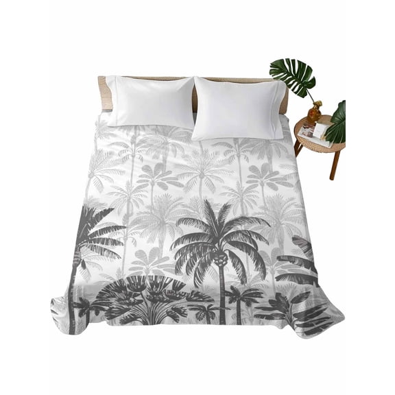Queen Size Flat Sheet Only, Palm Trees Soft Brushed Microfiber Bed Sheets, Black Grey Tropical Plants Summer Forest Hotel Quality Breathable Bedding Top Sheet, Easy Care, 90"x102"