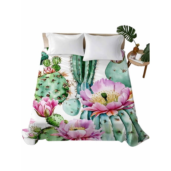 Queen Size Flat Sheet Only, Pink Succulent Soft Brushed Microfiber Bed Sheets, Green Cactus Watercolor Pastoral Hotel Quality Breathable Bedding Top Sheet, Easy Care, 90"x102"