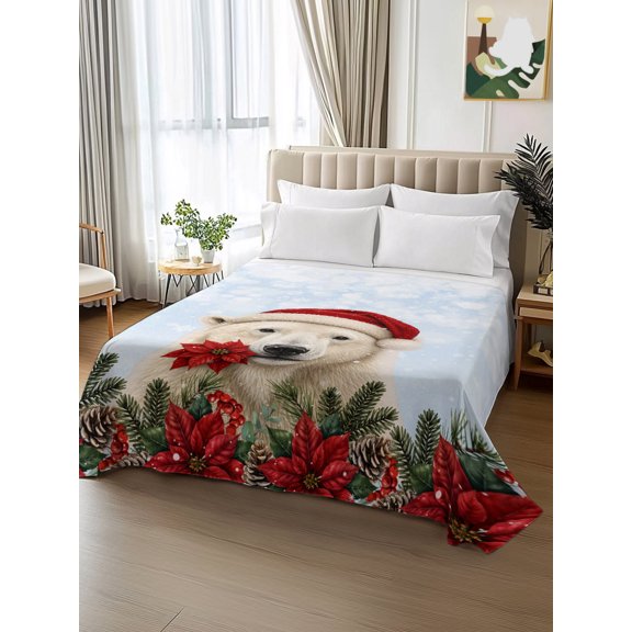King Size Flat Sheet Only,Polar Bear Christmas Poinsettia Pine Cones Soft Breathable Top Bedding Sheets Winter Snow Microfiber Hotel Luxury Flat Sheets