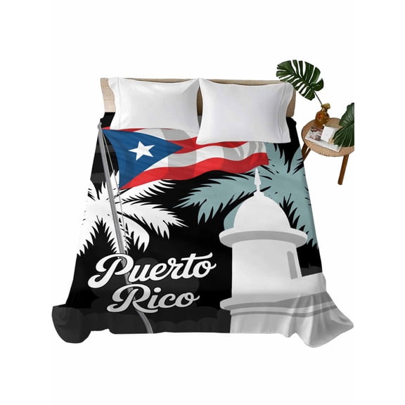 Queen Size Flat Sheet Only, Puerto Rico Flag Soft Brushed Microfiber Bed Sheets, Modern Art Palm Tree American Flags Hotel Quality Breathable Bedding Top Sheet, Easy Care, 90"x102"