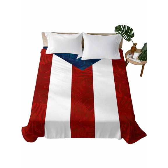 Queen Size Flat Sheet Only, Puerto Rico Flag Soft Brushed Microfiber Bed Sheets, Palm Leaf Botanical Red Striped Blue Star Hotel Quality Breathable Bedding Top Sheet, Easy Care, 90"x102"