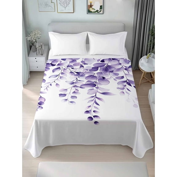 Queen Size Flat Sheet Only, Purple Eucalyptus Leaves Soft Brushed Microfiber Bed Sheets, Spring Rustic Botanical Hotel Quality Breathable Bedding Top Sheet, Easy Care, 90"x102"