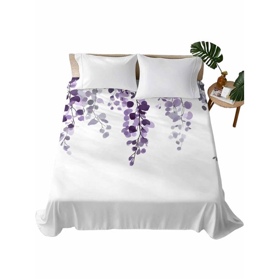 Queen Size Flat Sheet Only, Purple Eucalyptus Leaves Soft Brushed Microfiber Bed Sheets, Watercolor Botanical Summer Hotel Quality Breathable Bedding Top Sheet, Easy Care, 90"x102"