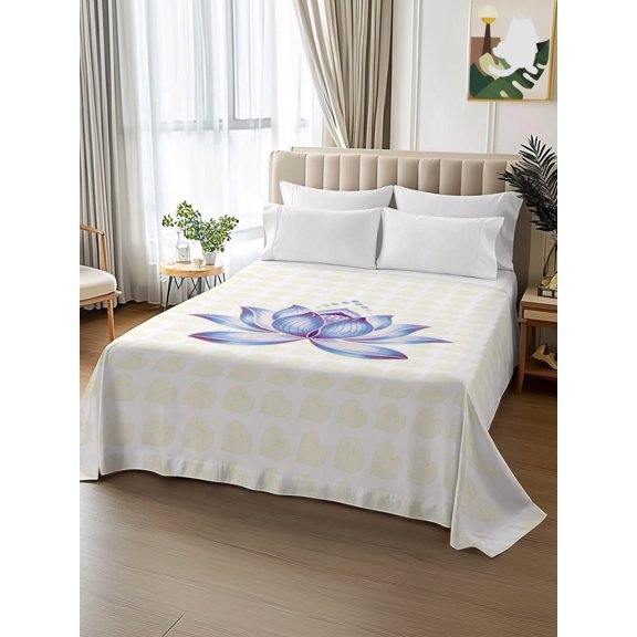 King Size Flat Sheet Only,Purple Lotus Flower Soft Top Bed Sheets Breathable Bedding Sheet Yellow Leaf Background Microfiber Hotel Luxury Top Sheets