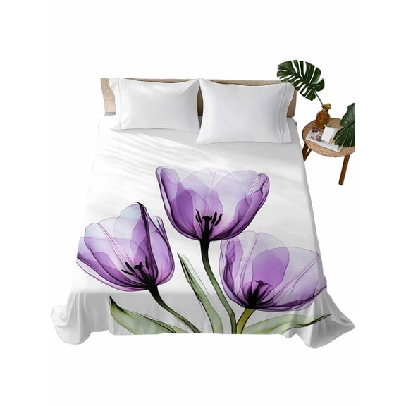 Queen Size Flat Sheet Only, Purple Tulips Soft Brushed Microfiber Bed Sheets, Green Leaf Country Flower White Botanical Hotel Quality Breathable Bedding Top Sheet, Easy Care, 90"x102"