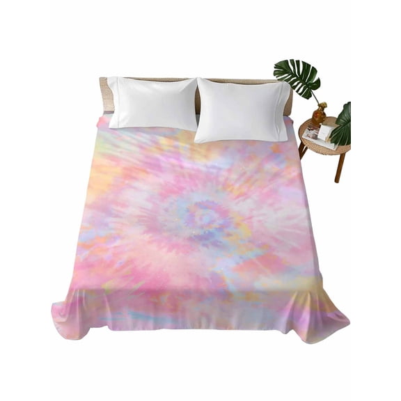 Queen Size Flat Sheet Only, Rainbow Color Soft Brushed Microfiber Bed Sheets, Fantasy Colorful Ombre Swirl Hotel Quality Breathable Bedding Top Sheet, Easy Care, 90"x102"