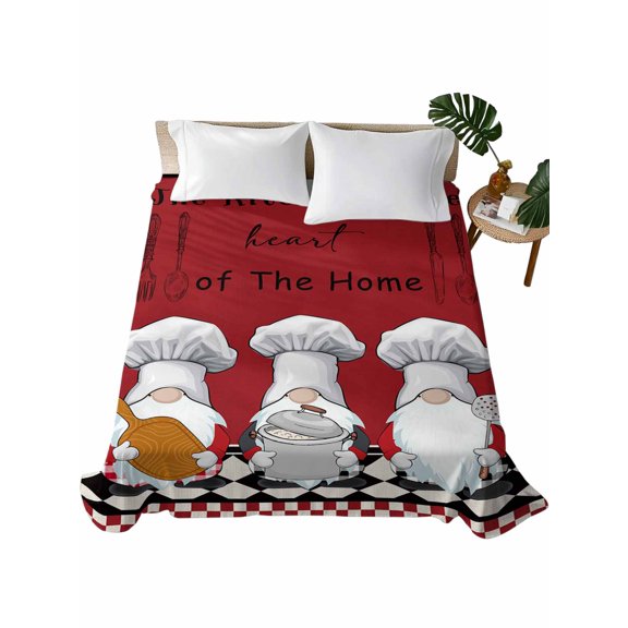Queen Size Flat Sheet Only, Red Chef Gnomes Soft Brushed Microfiber Bed Sheets, Farmhouse Red White Plaid Hotel Quality Breathable Bedding Top Sheet, Easy Care, 90"x102"
