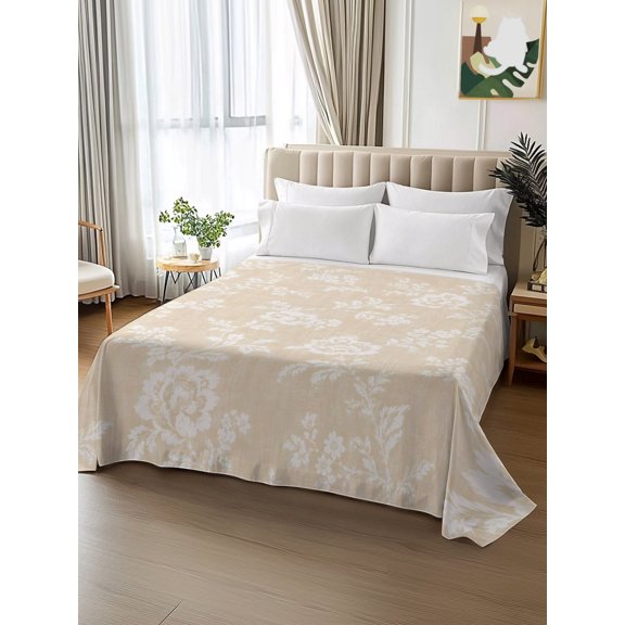 King Size Flat Sheet Only,Retro Blossom Flower Beige White Soft Top Bed Sheets Breathable Bedding Sheet Rustic Floral Art Microfiber Hotel Luxury Top Sheets