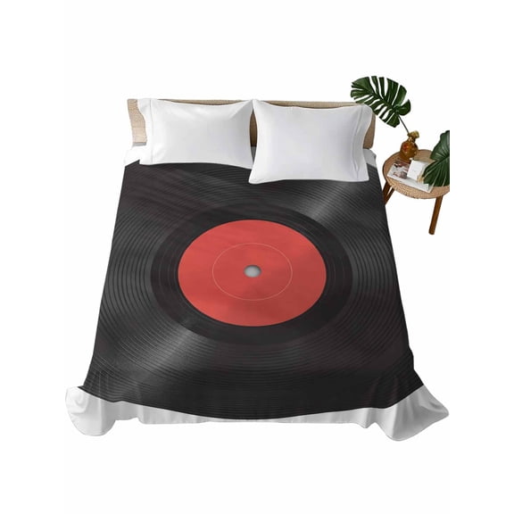 Queen Size Flat Sheet Only, Retro Record Soft Brushed Microfiber Bed Sheets, Abstract Vintage Minimalist Art Hotel Quality Breathable Bedding Top Sheet, Easy Care, 90"x102"