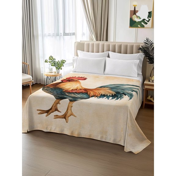 King Size Flat Sheet Only,Rooster Farmhouse Soft Breathable Top Bedding Sheets Retro Country Style Microfiber Hotel Flat Sheets