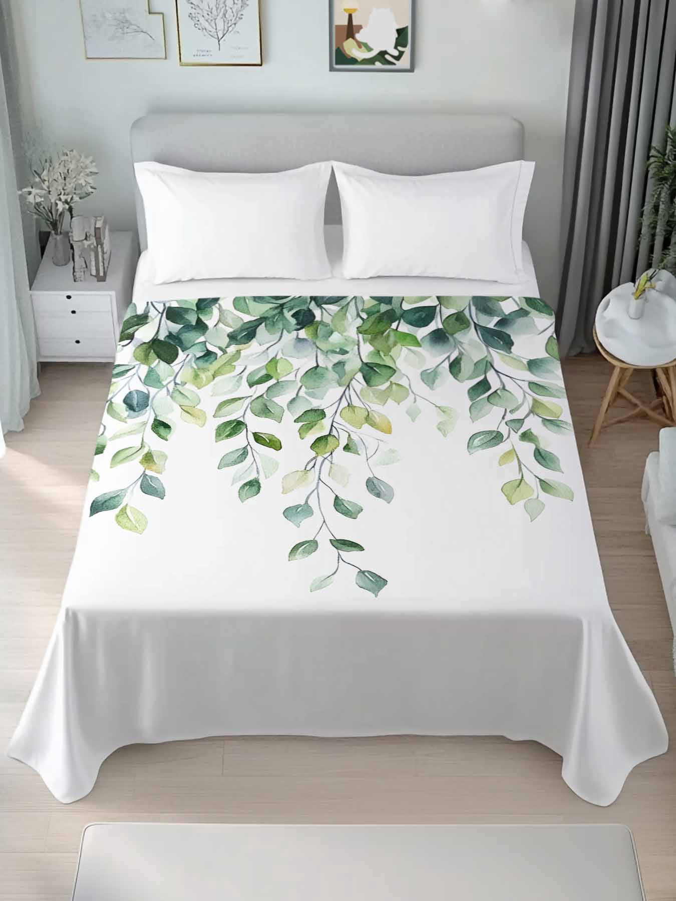 Queen Size Flat Sheet Only, Sage Green Eucalyptus Leaves Soft Brushed ...