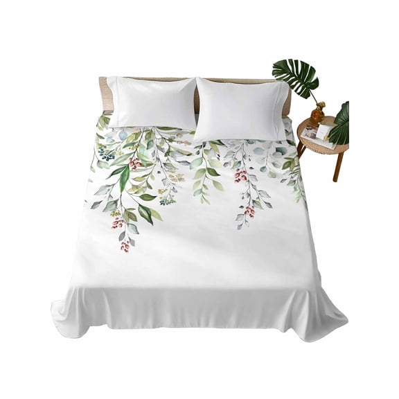 Queen Size Flat Sheet Only, Sage Green Eucalyptus Soft Brushed Microfiber Bed Sheets, Aesthetics Floral Farm Foliage Hotel Quality Breathable Bedding Top Sheet, Easy Care, 90"x102"