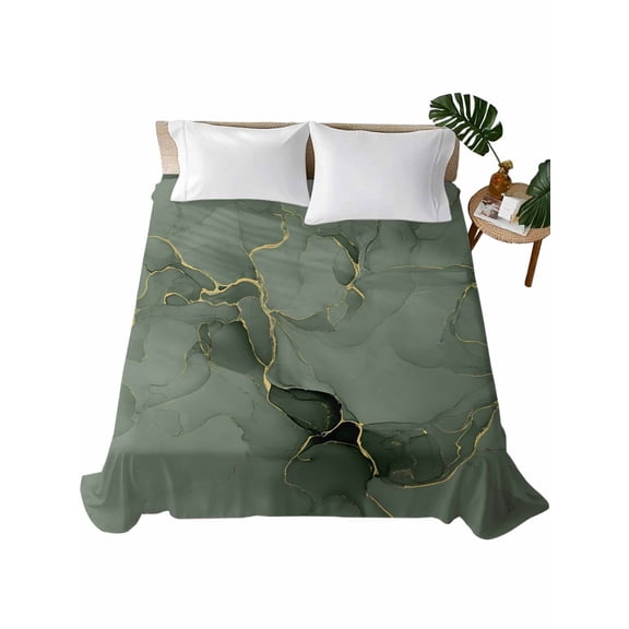 Queen Size Flat Sheet Only, Sage Green Marble Soft Brushed Microfiber Bed Sheets, Modern Abstract Art Ink Painting Hotel Quality Breathable Bedding Top Sheet, Easy Care, 90"x102"