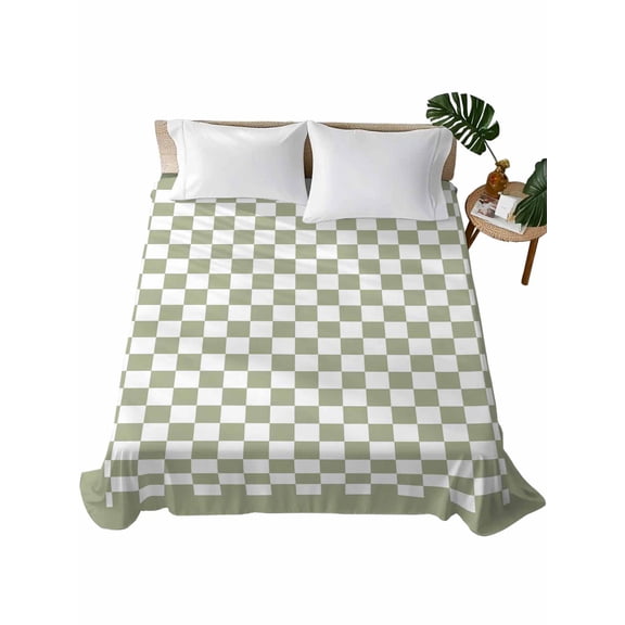 King Size Flat Sheet Only, Sage Green Plaid Soft Brushed Microfiber Bed Sheets, Farmhouse Green White Checkered Lace Hotel Quality Breathable Bedding Top Sheet, Easy Care, 90"x102"