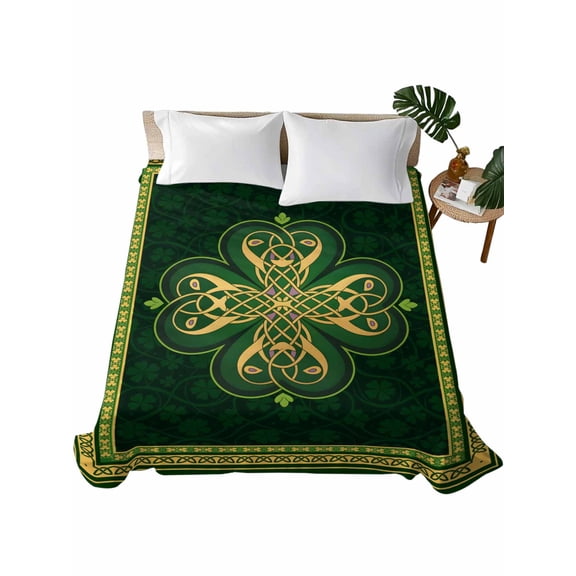 Queen Size Flat Sheet Only, Saint Patrick's Day Soft Brushed Microfiber Bed Sheets, Boho Green Golden Leaves Ethnic Motifs Hotel Quality Breathable Bedding Top Sheet, Easy Care, 90"x102"
