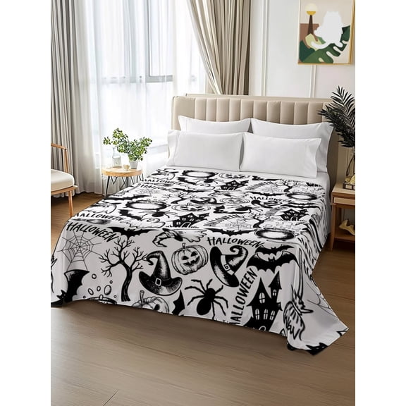 King Size Flat Sheet Only,Seamless Scary Theme Ghost Pumpkin Soft Top Bedding Sheet Hotel Luxury Flat Sheets Halloween White Black