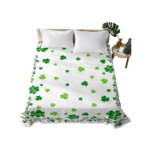 Queen Size Flat Sheet Only, Shamrocks, Soft Brushed Microfiber Bed Sheets, Saint Patricks Day Green Clover Green White Hotel Quality Breathable Bedding Top Sheet, Easy Care, 90"x102"